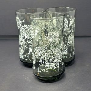Libbey White Dandelion Print Smokey Glass Tumblers